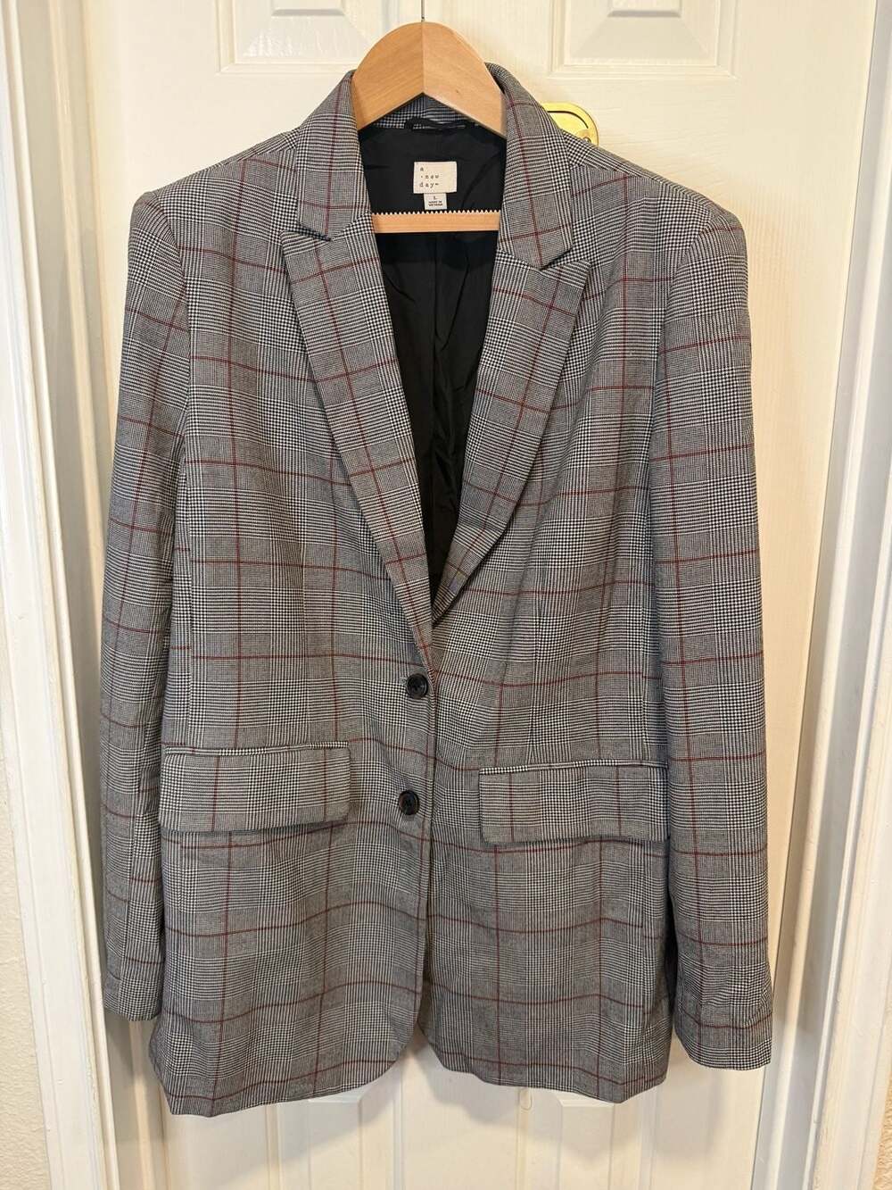 A New Day Women’s Large Plaid Blazer Gray Burgundy Two Button Career Jacket